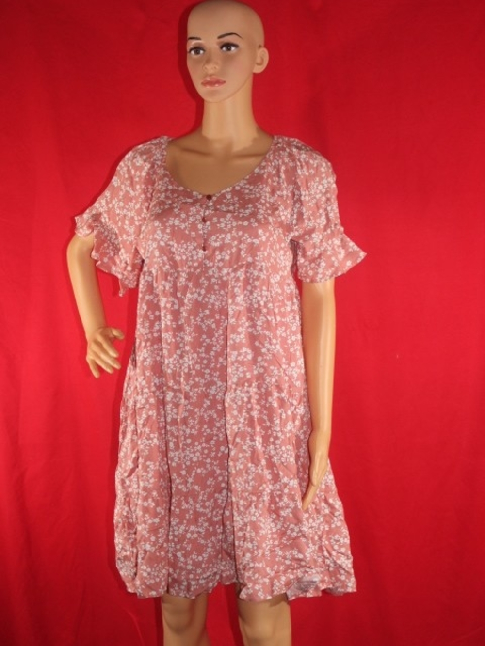 Women's Pink Floral Midi Dress - Short Sleeve Button Front